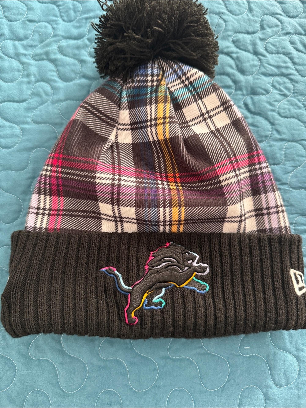 Detroit Lions New Era Crucial Catch Black Plaid Pom Beanie with Multicolor
